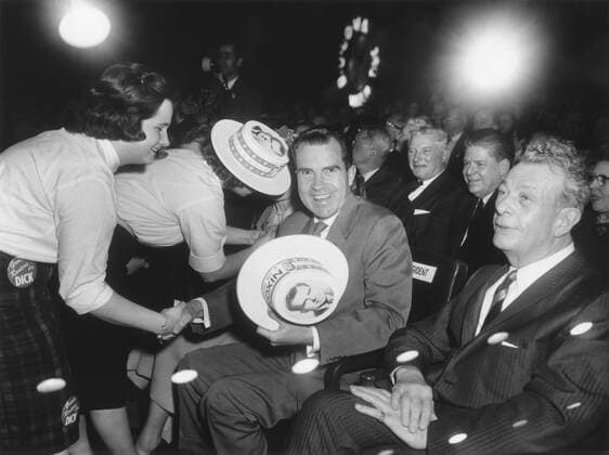 Richard Nixon at a Republican campaign event, April 4, 1960. At this time he was the presumed presidential nominee. At right is Senator Everett Dirksen. - (BSLOC_2014_16_14) For usage credit please use; PUBLICATIONXNOTxINxCANxCHNxFRAxITAxJPNxNORxPOLxRUSxESPxUKxUSA Copyright: xCourtesyxEverettxCollectionx HISL038 EC948