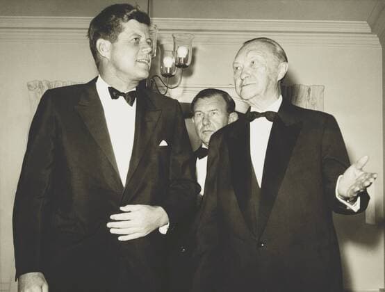 West German Chancellor Konrad Adenauer with President John Kennedy at the German Embassy. Nov. 21, 1961. West Germany and West Berlin were among the most contentious places of the Cold War. West German Ambassador to the U.S. Wilhelm Grewe is in the backgr For usage credit please use; PUBLICATIONXNOTxINxCANxCHNxFRAxITAxJPNxNORxPOLxRUSxESPxUKxUSA Copyright: xCourtesyxEverettxCollectionx HISL039 EC408