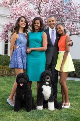 Obama Family photo in the White House Rose Garden, Easter Sunday, April 5, 2015. L-R: Malia, First Lady Michelle, the President, and Sasha with dogs Sunny and Bo. (BSLOC_2015_13_139) For usage credit please use; The White House PUBLICATIONXNOTxINxCANxCHNxFRAxITAxJPNxNORxPOLxRUSxESPxUKxUSA Copyright: xCourtesyxEverettxCollectionx HISL040 EC151