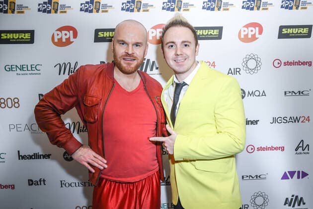 Human rights activist Philip Baldwin and singer John Galea attend The Music Producers Guild Awards at JW Marriott Grosvenor House London on Park Lane in London. FEBRUARY 27th 2020  SLIx20575
