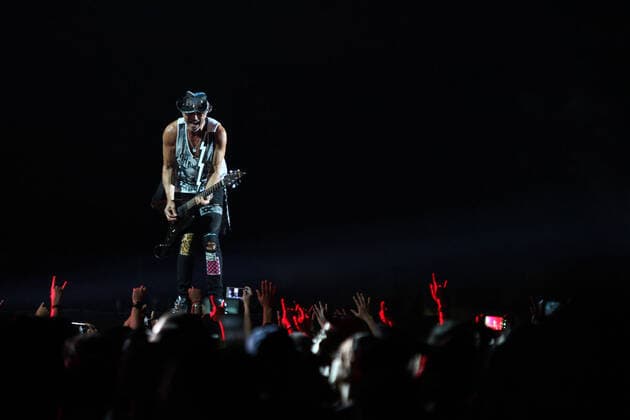 Scorpion Concert at JogjaRockarta Music Festival in Yogyakarta - 01 March 2020. Rudolf Schenker, guitarist of a German rock band, Scorpion playing guitar during the JogjaRockarta Music Festival in Yogyakarta, Indonesia, Sunday, March 1, 2020. Scorpion s performance was almost canceled due to the corona virus (COVID-19) issue that was sweeping Southeast Asia. (Photo by Devi Rahman INA Photo Agency imago images) 
