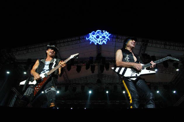 Scorpion Concert at JogjaRockarta Music Festival in Yogyakarta - 01 March 2020. Rudolf Schenker (L), Matthias Jabs (R) guitarists of a German rock band, Scorpion playing guitar during the JogjaRockarta Music Festival in Yogyakarta, Indonesia, Sunday, March 1, 2020. Scorpion s performance was almost canceled due to the corona virus (COVID-19) issue that was sweeping Southeast Asia. (Photo by Devi Rahman INA Photo Agency imago images) 