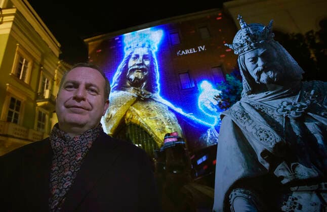 Videomapping on Charles University s (UK) historical Karolinum building on 100th anniversary of Czechoslovak constitution was held on February 29, 2020, in Prague, Czech Republic. On the left side of the photo is seen rector of the university Tomas Zima. (CTKxPhoto MichaelaxRihova) CTKPhotoP202002290748901 mir 2