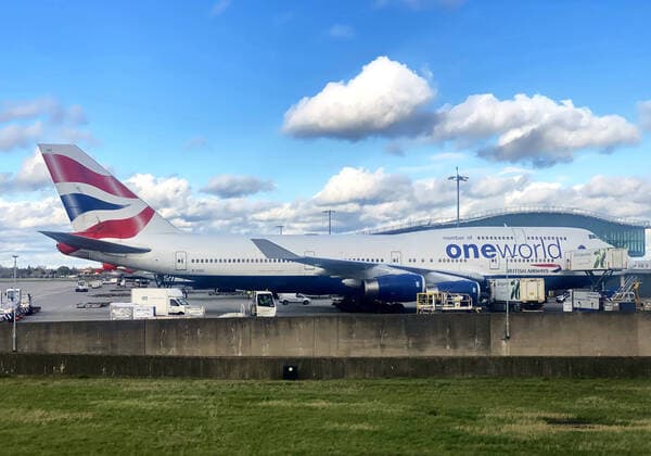 British Airways One World passenger jet Boing 747 Jumbo at International Airport London Heathrow in London, Great Britain, Februar 25, 2020.