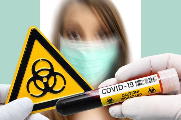 FOTOMONTAGE, HÃ¤nde halten BlutentnahmerÃ¶hrchen und BiogefÃ¤hrdungsschild vor Frau mit Atemschutzmaske, Symbolfoto Coronavirus