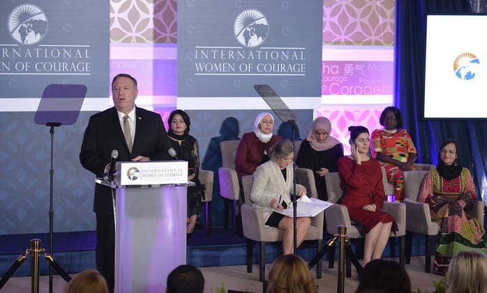 Secretary of State Mike Pompeo makes remarks at a International Women of Courage Awardees ceremony at the State Department, Wednesday, March 4, 2020, in Washington, DC. The award honors women of courage and leadership in social justice, human rights, gender equality and the advancement of women and girls.  WAP20200304505 MIKExTHEILER
