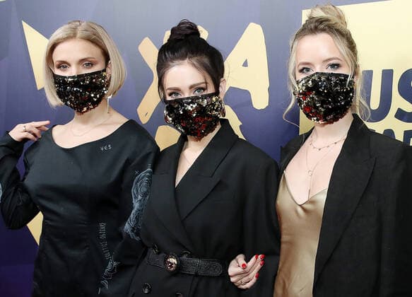 MOSCOW REGION, RUSSIA - MARCH 4, 2020: Members of the Russian pop band Fabrika wear face masks at the pre-party event for the ZHARA Music Awards 2020 ceremony at Moscow s Crocus City Hall. Vyacheslav Prokofyev TASS  TS0D0C49