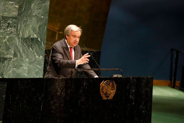 (200307) -- UNITED NATIONS, March 7, 2020 -- United Nations Secretary-General Antonio Guterres addresses an event celebrating International Women s Day at the UN headquarters in New York, March 6, 2020. The United Nations (UN) on Friday celebrated the Internatioanl Women s Day in an observance that called for more headway in women s rights toward Generation Equality. ) UN-WOMEN S DAY-GENERATION EQUALITY LixMuzi 