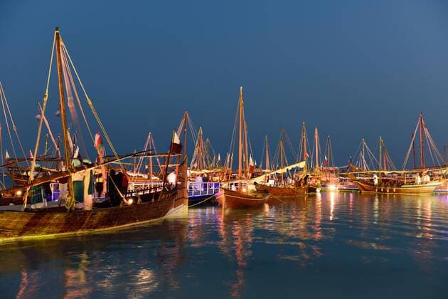 General view of Dhows at night, Katara Traditional Dhow Festival, Doha, Qatar.  Copyright: xSylviexVanxRoey arabianEyex SV59810