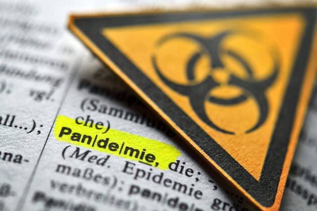 Das Wort Pandemie im WÃ¶rterbuch und BiogefÃ¤hrdungszeichen, Symbolfoto Corona-Krise