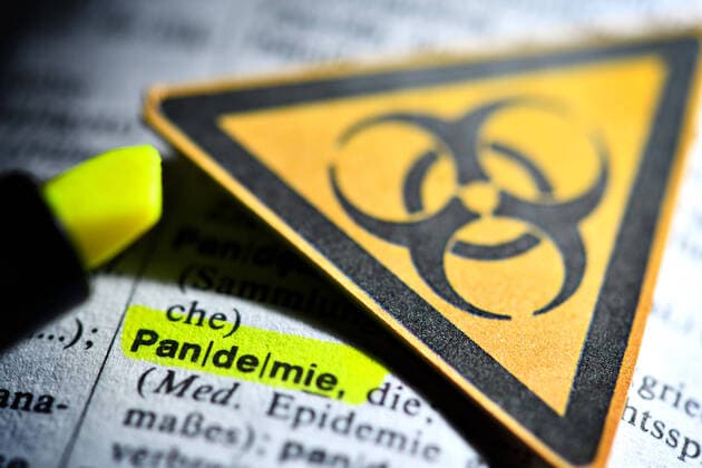 Das Wort Pandemie im WÃ¶rterbuch und BiogefÃ¤hrdungszeichen, Symbolfoto Corona-Krise