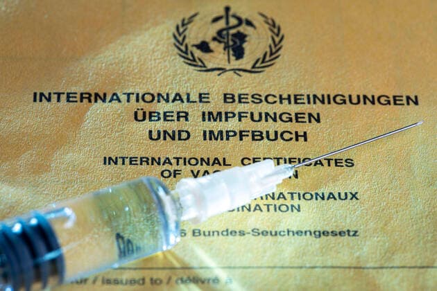 Symbolfoto Impfung, Impfpass, Spritze mit Impfstoff, Impfen