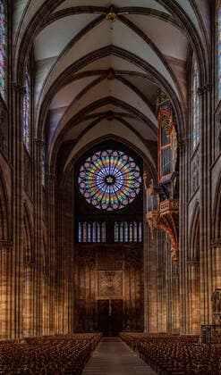 Strasbourg - Stadtansichten 05.03.2020 - 07.03.2020, Strasbourg: Straßburger Münster, Straßbourg Notre Dame Catheadrale, Innenaufnahmen, Orgel mit Rosette, Fenster an der Westfront Strasbourg Frankreich
