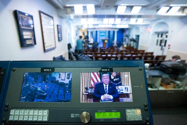 A monitor is seen in the James S. Brady Press Briefing Room of the White House in Washington D.C., U.S., on Wednesday, March 11, 2020 as United States President Donald J. Trump addresses the nation from the Oval Office. Trump announced a month long travel ban to Europe, as well as economic aid to businesses in areas affected by the Coronavirus. Copyright: xStefanixReynoldsx