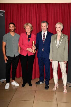Kostja Ullmann, Monika Grütters, Ulrich Matthes und Emilia Schüle beim Fototermin bei der Pressekonferenz zur Bekanntgabe der Nominierungen für den Deutschen Filmpreis 2020 im Delphi Filmpalast. Berlin, 11.03.2020