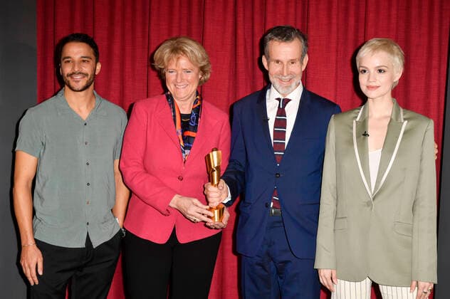 Kostja Ullmann, Monika Grütters, Ulrich Matthes und Emilia Schüle beim Fototermin bei der Pressekonferenz zur Bekanntgabe der Nominierungen für den Deutschen Filmpreis 2020 im Delphi Filmpalast. Berlin, 11.03.2020