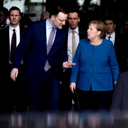 Jens Spahn, Angela Merkel - Coronavirus DEU, Deutschland, Germany, Berlin, 11.03.2020 Jens Spahn, Bundesgesundheitsminister CDU, und Bundeskanzlerin Angela Merkel, nach der Bundespressekonferenz zum Thema Unterrichtung zum Umgang mit dem Coronavirus nach dem Gespraech des Europaeischen Rates in Berlin. Links: Steffen Seibert, Regierungssprecher und Chef des Presse- und Informationsamtes der Bundesregierung. Jens Spahn, Federal Minister for Health CDU, and Chancellor Angela Merkel, during a press call at the Bundespressekonferenz concerning on the spread of novel coronavirus in Berlin. The number of people infected with the novel coronavirus in Germany is continuing to rise in Germany and has topped 1,500.