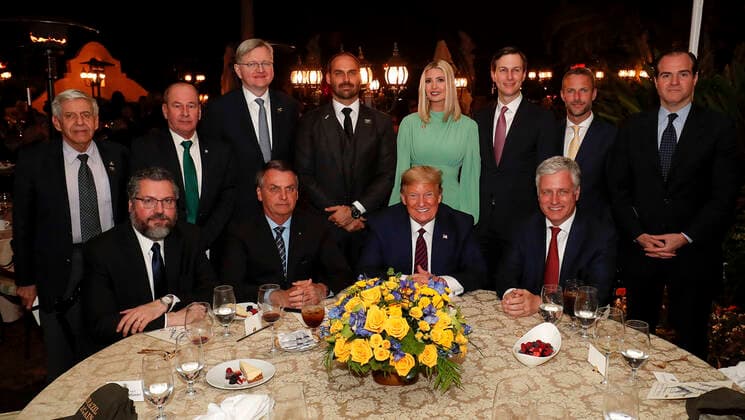 March 7, 2020, Palm Beach, FL, United States: U.S. President Donald Trump and Brazilian President Jair Bolsonaro pose for a group photo with their delegations following dinner at the Mar a Lago resort March 7, 2020 in Palm Beach, Florida. Palm Beach United States - ZUMAp138 20200307_zaa_p138_011 Copyright: xAlanxSantos PresidentxBrazilx