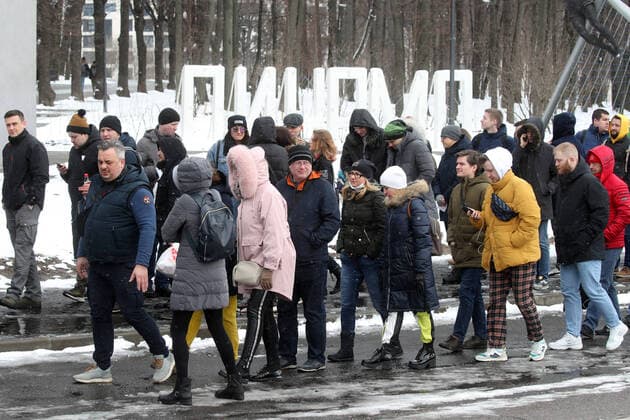 MOSCOW, RUSSIA - MARCH 15, 2020: Fans outside VTB-Arena ahead of a concert by the German-Swedish industrial metal duo Lindemann. The Lindemann duo created by Rammstein vocalist Till Lindemann and Swedish musician Peter Tagtgren, is to give a day and a night concert at the stadium following Moscow Mayor Sergei Sobyanin s decree banning public events with over 5 thousand participants in Moscow due to the coronavirus threat till April 10, 2020. Vyacheslav Prokofyev TASS  TS0D228F