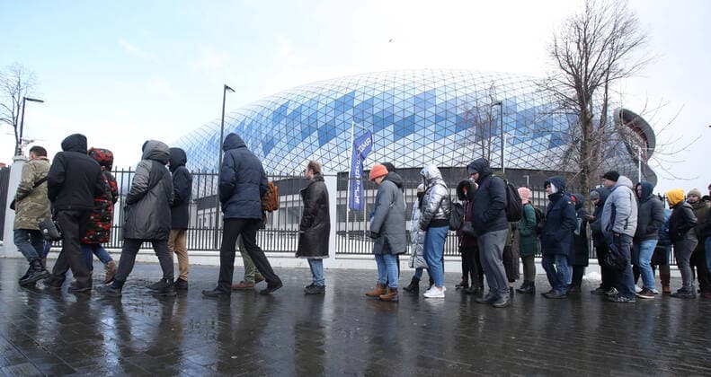 MOSCOW, RUSSIA - MARCH 15, 2020: Fans outside VTB-Arena ahead of a concert by the German-Swedish industrial metal duo Lindemann. The Lindemann duo created by Rammstein vocalist Till Lindemann and Swedish musician Peter Tagtgren, is to give a day and a night concert at the stadium following Moscow Mayor Sergei Sobyanin s decree banning public events with over 5 thousand participants in Moscow due to the coronavirus threat till April 10, 2020. Vyacheslav Prokofyev TASS  TS0D2298