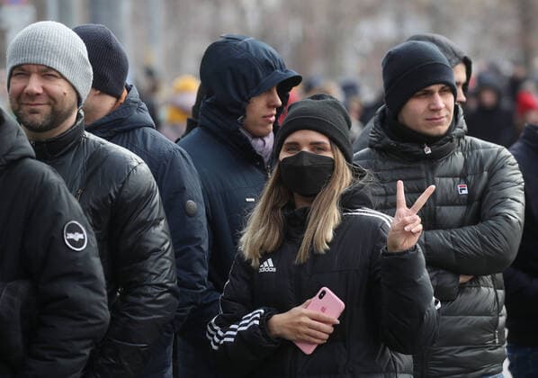 MOSCOW, RUSSIA - MARCH 15, 2020: Fans outside VTB-Arena ahead of a concert by the German-Swedish industrial metal duo Lindemann. The Lindemann duo created by Rammstein vocalist Till Lindemann and Swedish musician Peter Tagtgren, is to give a day and a night concert at the stadium following Moscow Mayor Sergei Sobyanin s decree banning public events with over 5 thousand participants in Moscow due to the coronavirus threat till April 10, 2020. Vyacheslav Prokofyev TASS  TS0D229F