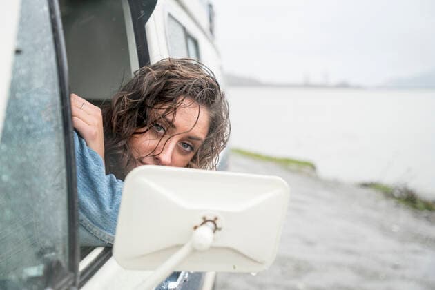 Portrait of teenage girl behind wheel of vintage van United States, Washington, Bellingham ,model released, Symbolfoto CR_FGUQ200206E-301045-01