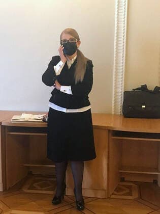KIEV, UKRAINE - MARCH 17, 2020: Yulia Tymoshenko, leader of the Batkivshchyna Fatherland Ukrainian political party, in a medical mask after a Verkhovna Rada Ukrainian Parliament meeting. Anna Marchenko TASS  TS0D2780