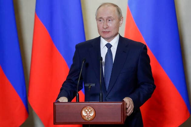 SEVASTOPOL, RUSSIA - MARCH 18, 2020: Russia s President Vladimir Putin addresses participants in a ceremony to present state decorations at the Konstantinovskaya Batareya Konstantin Battery Museum and Exhibition Centre. Mikhail Metzel TASS  TS0D2A34