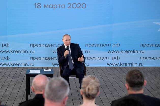SEVASTOPOL, RUSSIA - MARCH 18, 2020: Russia s President Vladimir Putin holds a public meeting at the Konstantinovskaya Batareya Konstantin Battery Museum and Exhibition Centre. Alexei Druzhinin Russian Presidential Press and Information Office TASS  TS0D2A3B