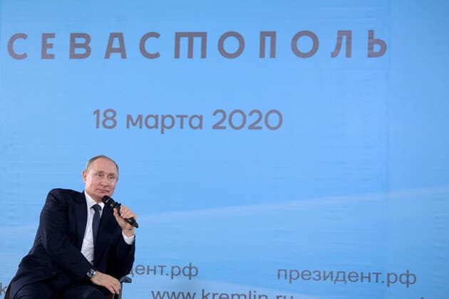 SEVASTOPOL, RUSSIA - MARCH 18, 2020: Russia s President Vladimir Putin holds a public meeting at the Konstantinovskaya Batareya Konstantin Battery Museum and Exhibition Centre. Alexei Druzhinin Russian Presidential Press and Information Office TASS  TS0D2A3C