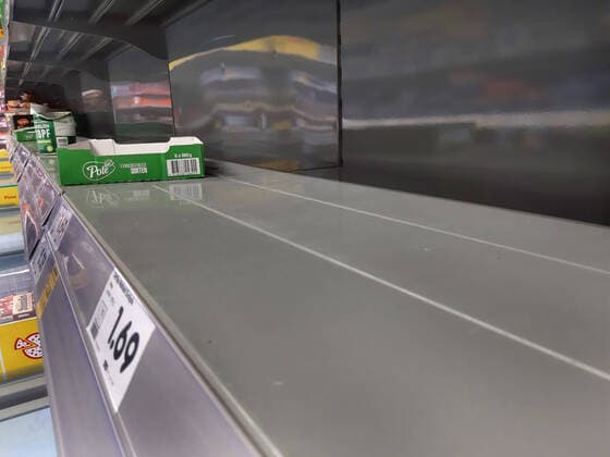 Einkauf in einem Supermarkt in Duesseldorf. Leeres Regal ohne Konserven. Einkauf