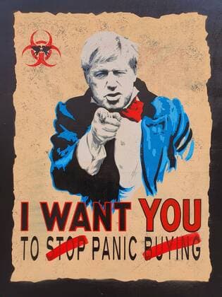 March 19, 2020, London, United Kingdom: A new mural of British Prime Minister Boris Johnson urging people to stop panic-buying amid the coronavirus outbreak has appeared in London. ..Styled on the famous World War Two Ã¢â‚¬ËœUncle SamÃ¢â‚¬â ¢ recruitment posters, the metre-tall mural by street artist Pegasus appeared in Shoreditch on Tuesday (17Mar20). ..Above the caption Ã¢â‚¬oeI want you to stop panic buyingÃ¢â‚¬Â, the PM, dressed in a blue suit and red bow tie, is pictured pointing his finger at the viewer. ..It comes as supermarket shelves across Britain have been emptied of supplies such as pasta and toilet paper as people worry about extended periods of self-isolation due to Covid-19...Pegasus told British newspaper the Evening Standard he painted the Great Eastern Street mural because he wanted to remind people to be considerate - ZUMAc218 20200319_zia_c218_001 Copyright: xCOVERxImagesx