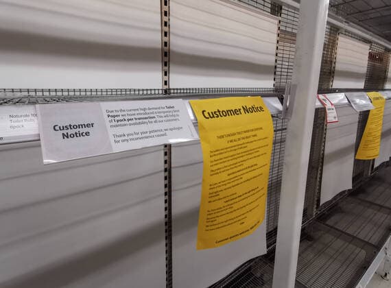 COLES EPPING TOILET PAPER QUEUE, Empty toilet paper shelves at Coles Supermarket, Epping in Sydney, Friday, March 20, 2020. Supermarkets have been struggling to keep up with demand for products such as toilet paper in recent days, as panic buying as a result of the Covid-19 pandemic has resulted in people purchasing far more than usual. Supermarkets have put in place limits on the quantity people can purchase of many everyday items. ( NO ARCHIVING, EDITORIAL USE ONLY, NO USE IN BOOKS WITHOUT CONSENT SYDNEY NSW AUSTRALIA  Copyright: xJAMESxGOURLEYx 20200320001458259378