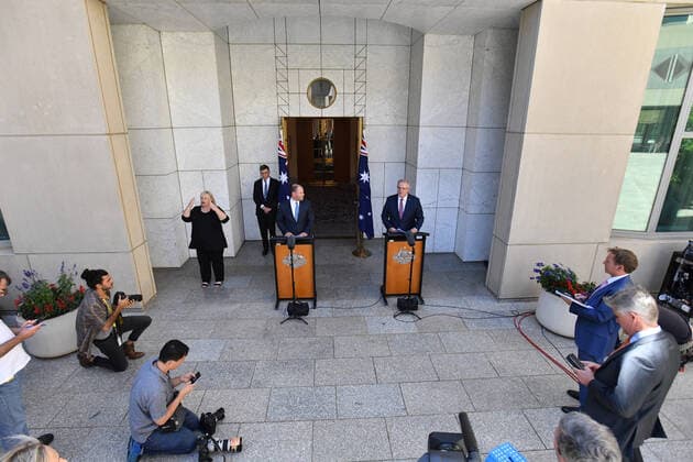 SCOTT MORRISON CORONAVIRUS UPDATE, Treasurer Josh Frydenberg and Prime Minister Scott Morrison at a press conference to give a coronavirus update at Parliament House in Canberra, Friday, March 20, 2020. ( NO ARCHIVING, EDITORIAL USE ONLY, NO USE IN BOOKS WITHOUT CONSENT Canberra ACT AUSTRALIA  Copyright: xMICKxTSIKASx 20200320001458333407