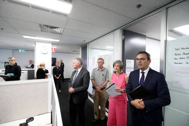 COVID-19 COMMAND CENTRE OPENING, SA Premier Steven Marshall with SA Health chief Public health officer Nicola Spurrier at the new SA Health covid-19 command centre in Adelaide, Friday, March 20, 2020. ( NO ARCHIVING, EDITORIAL USE ONLY, NO USE IN BOOKS WITHOUT CONSENT Adelaide SA AUSTRALIA  Copyright: xKELLYxBARNESx 20200320001458351994
