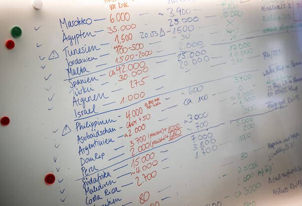 Operation Luftbruecke - Liste mit der Anzahl deutscher Staatsbuergern im Ausland. Im Krisenreaktionszentrum im Auswaertigen Amt wird die Rueckholaktion deutscher Staatsbuerger aus dem Ausland organisiert. Berlin. 20.03.2020 Berlin Deutschland