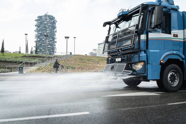 Coronavirus emergency. State police hydrants loaned to the amsa for road sanitation. Via Melchiorre Gioia (Stefano De Grandis Fotogramma, Milan - 2020-03-20) p.s. la foto e utilizzabile nel rispetto del contesto in cui e stata scattata, e senza intento diffamatorio del decoro delle persone rappresentate  Copyright: xStefanoxDexGrandisx xFOTOGRAMMAx