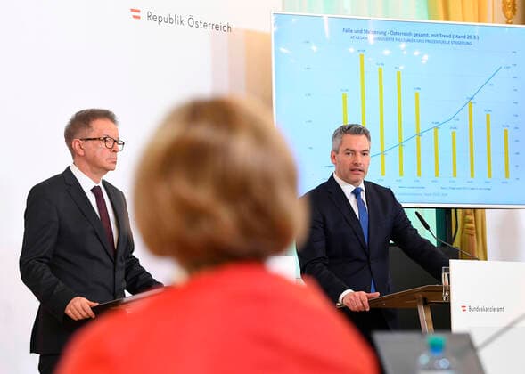 Wien 20.03.2020, Bundeskanzleramt, Wien, AUT, Akutelle Entwicklungen zur Coronaerkrankung in Oesterreich, Pressekonferenz, Aktuelle Massnahmen, im Bild Gesundheitsminister Rudolf Anschober (Gruene) und Innenminister Karl Nehammer (OeVP) Gesundheitsminister Rudolf Anschober (Gruene) und Innenminister Karl Nehammer (OeVP) during a press conference on the subject Current measures, of Austrian Goverment about the Coronavirus Pandemie at the Bundeskanzleramt in Wien, Austria on 2020 03 20.
