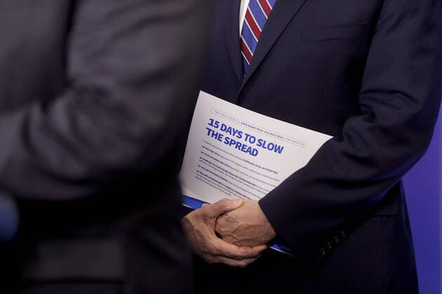 An informational guidebook is held by U.S. Vice President Mike Pence during a Coronavirus Task Force news conference in the briefing room of the White House in Washington, DC on Friday, March 20, 2020. Americans will have to practice social distancing for at least several more weeks to mitigate U.S. cases of Covid-19, Anthony S. Fauci of the National Institutes of Health said today.  WAX20200320205 ALxDRAGO