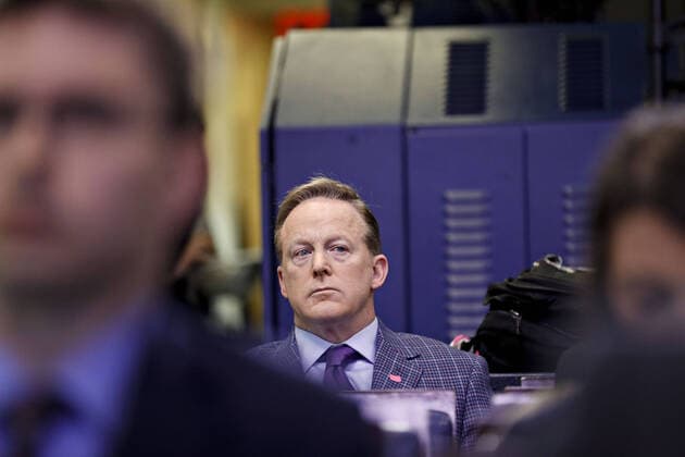 Sean Spicer, former White House press secretary, sits in the briefing room of the White House before a Coronavirus Task Force news conference in Washington, DC on Friday, March 20, 2020. Americans will have to practice social distancing for at least several more weeks to mitigate U.S. cases of Covid-19, Anthony S. Fauci of the National Institutes of Health said today.  WAX20200320218 ALxDRAGO