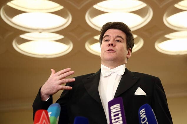 MOSCOW, RUSSIA - MARCH 20, 2020: Pianist Denis Matsuev talks to journalists ahead of a live broadcast of his concert from the empty Tchaikovsky Concert Hall. The Russian Culture Ministry advised to suspend public events due to the COVID-19 coronavirus pandemic. Valery Sharifulin TASS  TS0D2EC9
