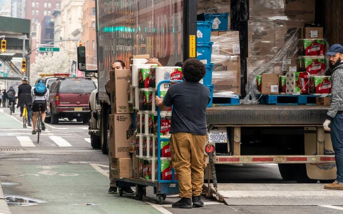 New York during the COVID-19 pandemic Workers unload a bountiful supply of Bounty and other brand paper towels at a Rite Aid drugstore in New York on Friday, March 20, 2020. (  RichardxB.xLevine