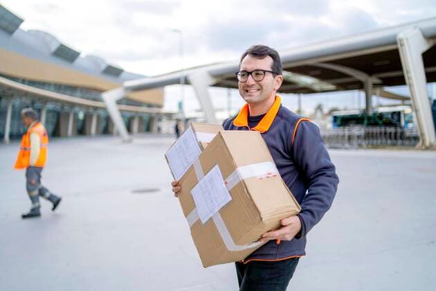 Glücklicher Kurier mit einem Paket, das in ein Geschäftsgebiet geliefert wird, Polen, Europa Copyright: imageBROKER/JacekxSopotnicki ibxjas05116135.jpg