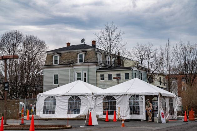 March 20, 2020, Somerville Hospital, Somerville, Massachusetts, USA: Drive-thru coronavirus disease testing site at Somerville Hospital in Somerville, Massachusetts.  (124584586)