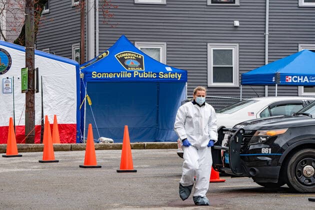 March 20, 2020, Somerville Hospital, Somerville, Massachusetts, USA: A health worker at a drive-thru coronavirus disease testing site at Somerville Hospital in Somerville, Massachusetts.  (124584593)