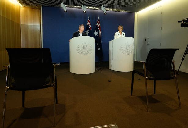 LABOR CORONAVIRUS PRESSER, Shadow Minister for Health Chris Bowen and Deputy Labor Leader in the Senate Kristina Keneally speaking at a media conference in Sydney, Saturday, March 21, 2020. Due to social distancing measures, journalists were requested to phone-in to the press conference, which meant that only camera crews photographers were present for the conference. ( NO ARCHIVING, EDITORIAL USE ONLY, NO USE IN BOOKS WITHOUT CONSENT SYDNEY NSW AUSTRALIA  Copyright: xJAMESxGOURLEYx 20200321001458531702