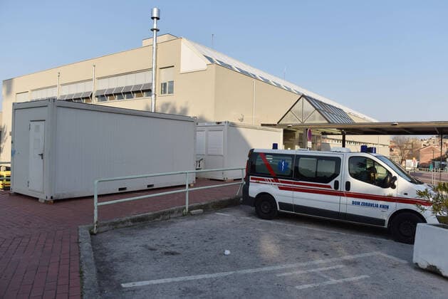 Mobile container, triage point for coronavirus patients 21.03.2020., Sibenik, Croatia - Containers are placed in front of the entrance to the emergency hospital in Sibenik s General Hospital, which will be a triage point for coronavirus patients. HrvojexJelavic PIXSELL