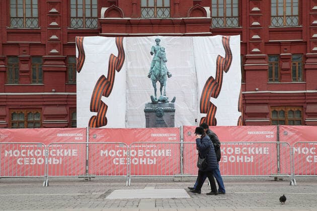 MOSCOW, RUSSIA - MARCH 20, 2020: An empty pedestal surrounded by hoarding is seen after a slightly altered temporary replica of an equestrian statue of Marshal of the Soviet Union Georgy Zhukov was dismantled, in front of Moscowâ€™s State Historical Museum in Manezhnaya Square in central Moscow . The replica had been installed on 19 March 2020. The original statue by Vyacheslav Klykov and Yuri Grigoryev is to be reinstated to its original place by 9 May 2020 after renovation. On 9 May 2020, Russia will celebrate the 75th anniversary of the Soviet victory over Nazi Germany in the 1941-1945 Great Patriotic War (part of WWII). Vyacheslav Prokofyev TASS  TS0D2FC6