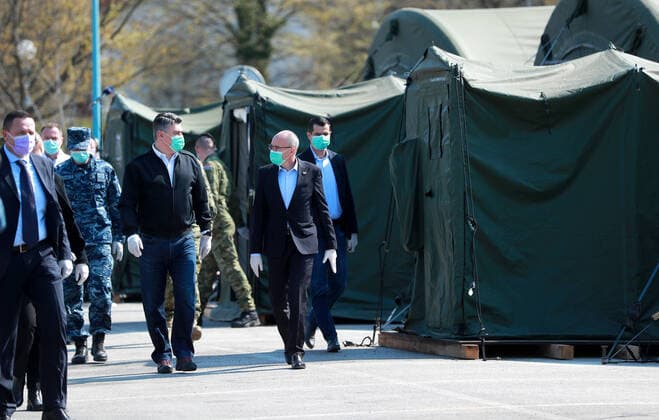 PXL_Zoran Milanovic 21.03.2020., Zagreb, Croatia - Croatian President Zoran Milanovic visited a self-sustaining expeditionary camp hospital set up by the military in the parking lot of the Dubrava Clinical Hospital to combat the coronavirus pandemic. SanjinxStrukic PIXSELL