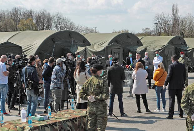 PXL_Zoran Milanovic 21.03.2020., Zagreb, Croatia - Croatian President Zoran Milanovic visited a self-sustaining expeditionary camp hospital set up by the military in the parking lot of the Dubrava Clinical Hospital to combat the coronavirus pandemic. Croatian president Zoran Milanovic at the press conference. SanjinxStrukic PIXSELL